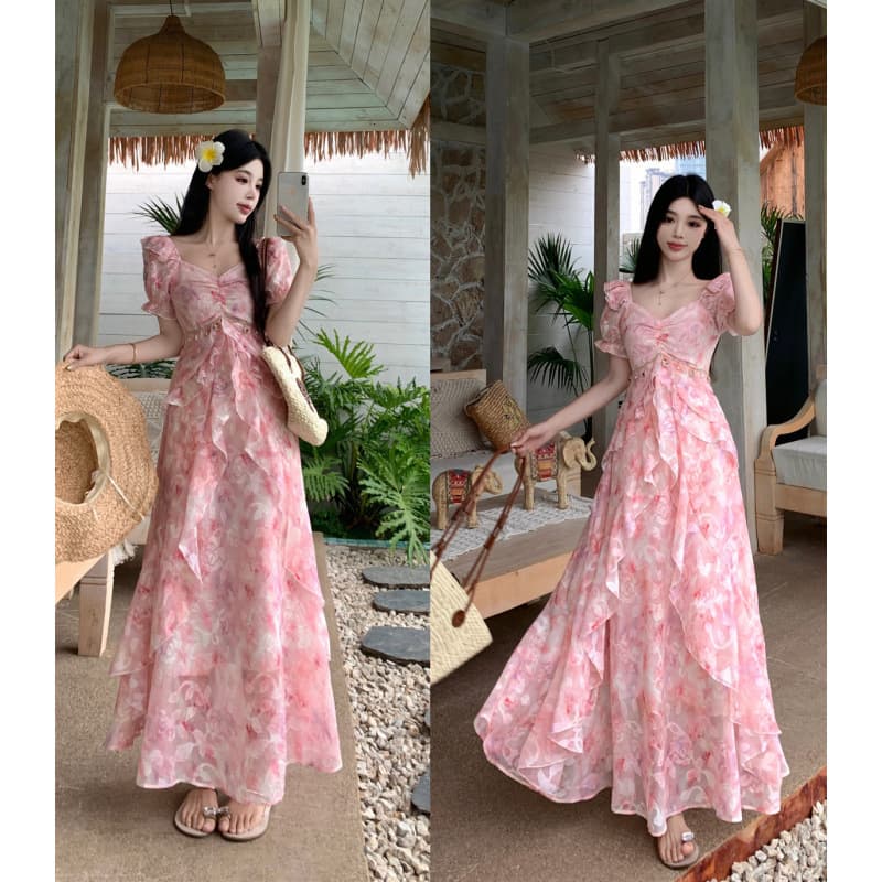 Actual shot~Midsummer Sweet Dreams Printed chiffon hem ruffled holiday style dress long skirt travel romance