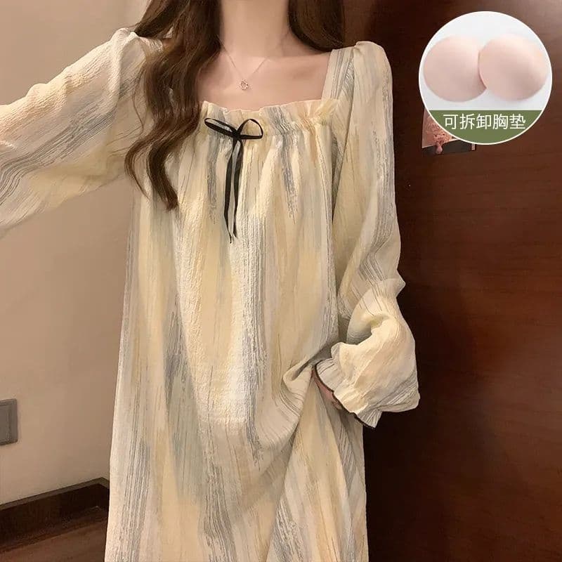Long Sleeve Nightgown for Women Spring Autumn with Bra Padded Cotton Pajamas Summer 2024 New Casual Wearable Homewear
