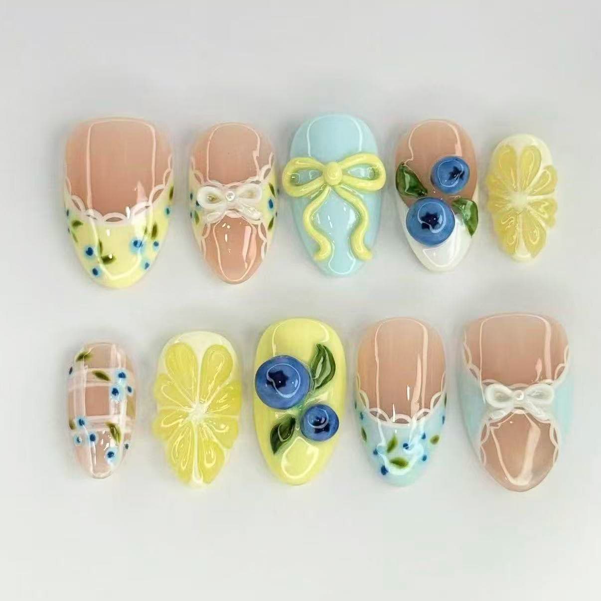 Lace French Floral Macaron Press-On Nails Fruit-Themed Trendy Cross-Border Nail Stickers Ultra-Short Almond Style