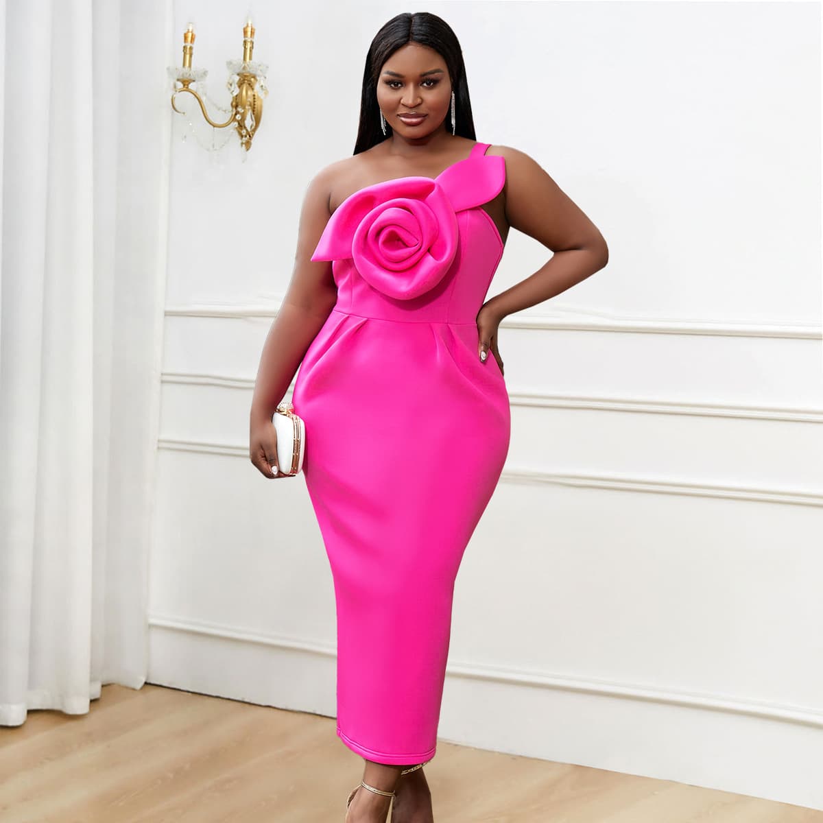 AM221122 One-Shoulder Asymmetrical Neckline Dress Banquet Gown with 3D Floral Mermaid Fit Party Dresses