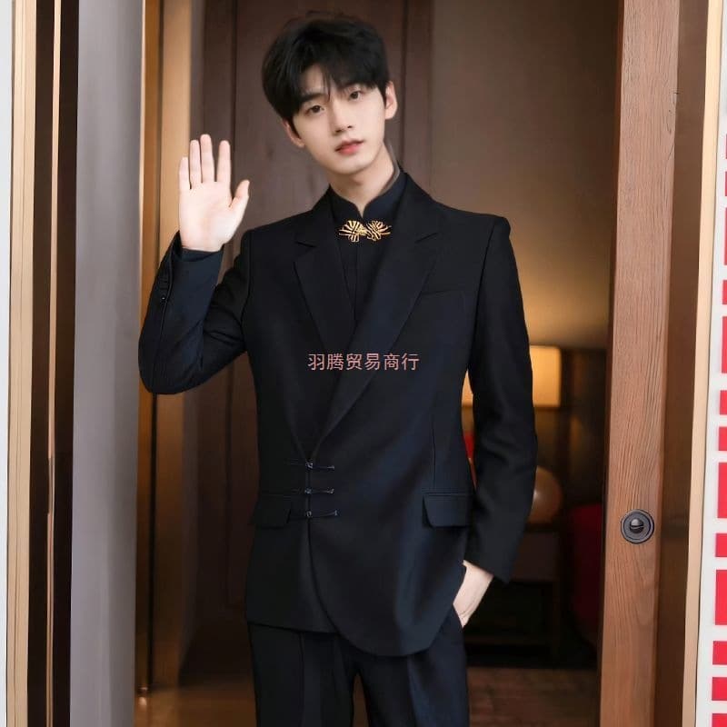 2025 New Style Chinese-Style Folded Button Suit for Men, Engagement Groom, Wedding Attire, High-End Stand Collar Jacket