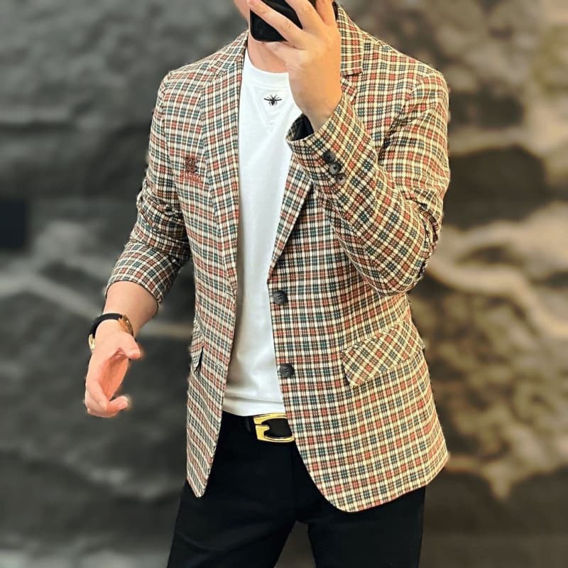 2025 Spring/Autumn New Arrival High-End Men's Trendy Versatile Personalized Casual Plaid Suit Jacket with Chest Logo