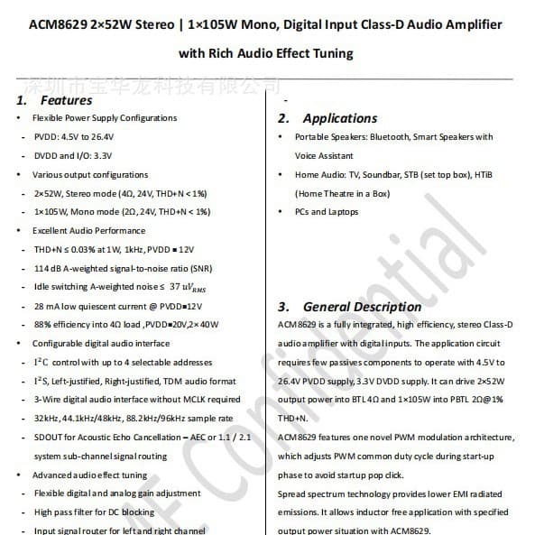 Zhisheng ACM8629 2×52W Stereo | 1×105W Mono Digital Audio Amplifier TSSOP28
