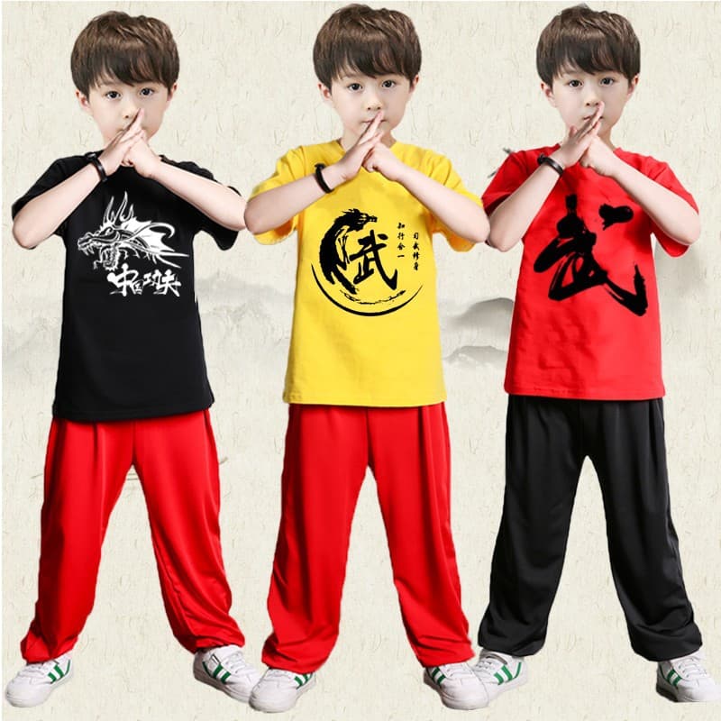 Kids Martial Arts Uniform Pure Cotton T-Shirt Short Sleeve Training Suit Boys Girls Wushu School Training Uniform Chinese Style Kung Fu Performance Costume