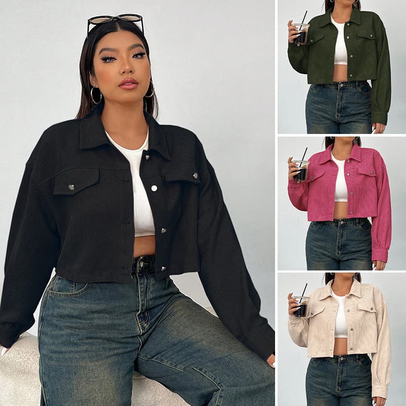 Amazon EU/US Autumn/Winter Short Solid Color Coat, Plus Size for Curvy Women, Polo Neck, Slimming Loose Fit Outerwear
