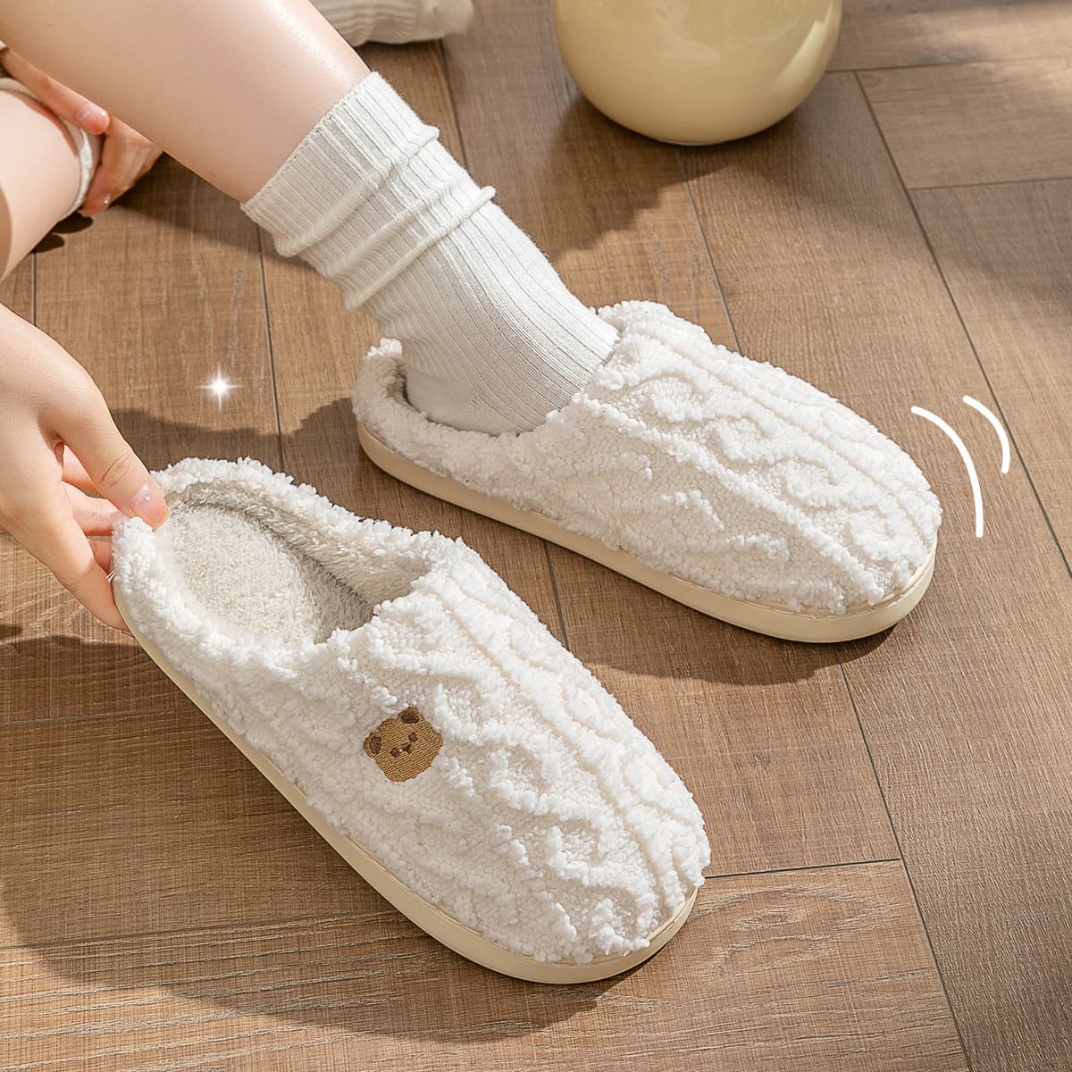 Furry Bear Cotton Slippers for Women, Indoor Home Soft Sole Non-Slip Fleece-Lined Warm Slippers, Couples Plush Slippers for Men