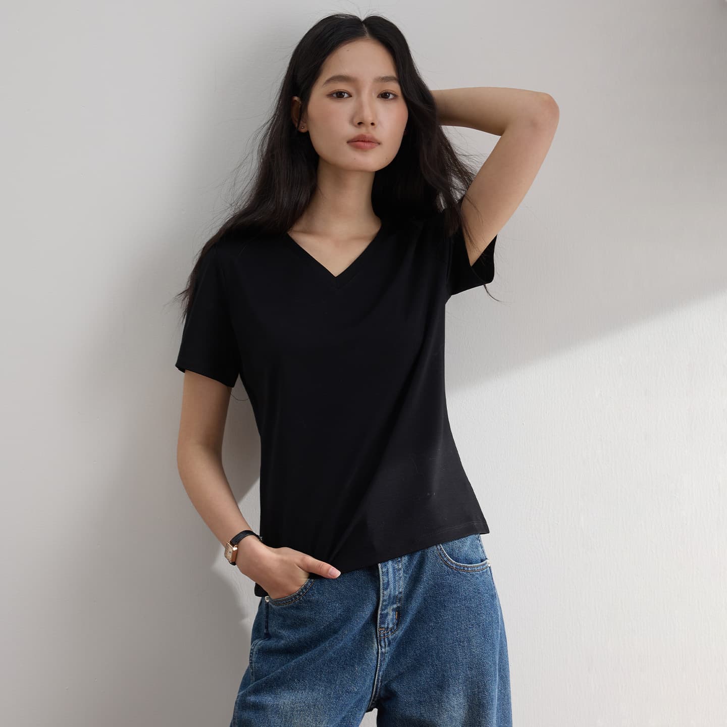 80 count mercerized pima cotton v-neck women's short-sleeved t-shirt 2026 new spring and summer cool feeling skin-friendly breathable short-sleeved top