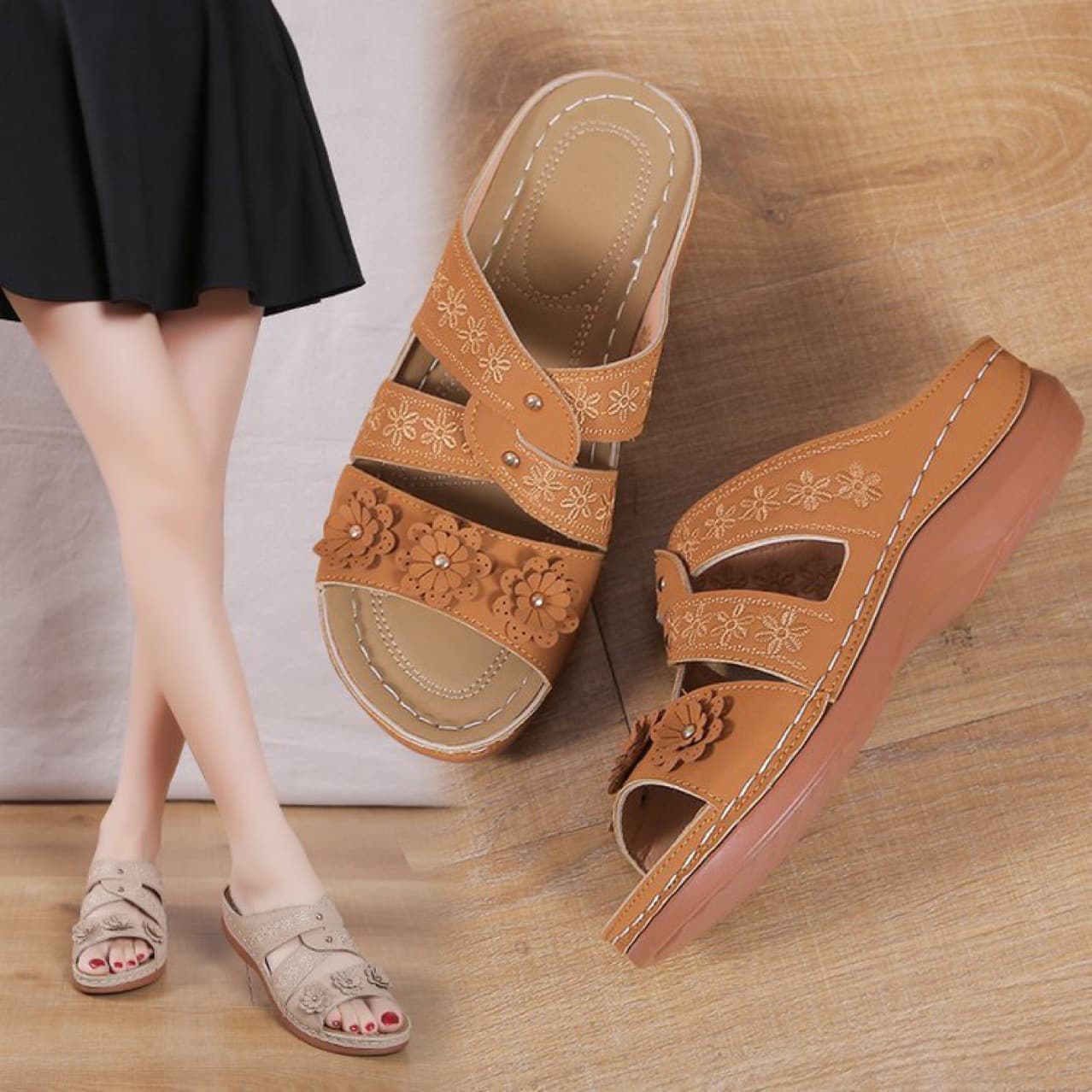 Women's Casual Thick-Soled Slide Sandals with Flower Design, Wedge Heel, Plus Size, One-Strap Style, for Middle-Aged and Elderly Women