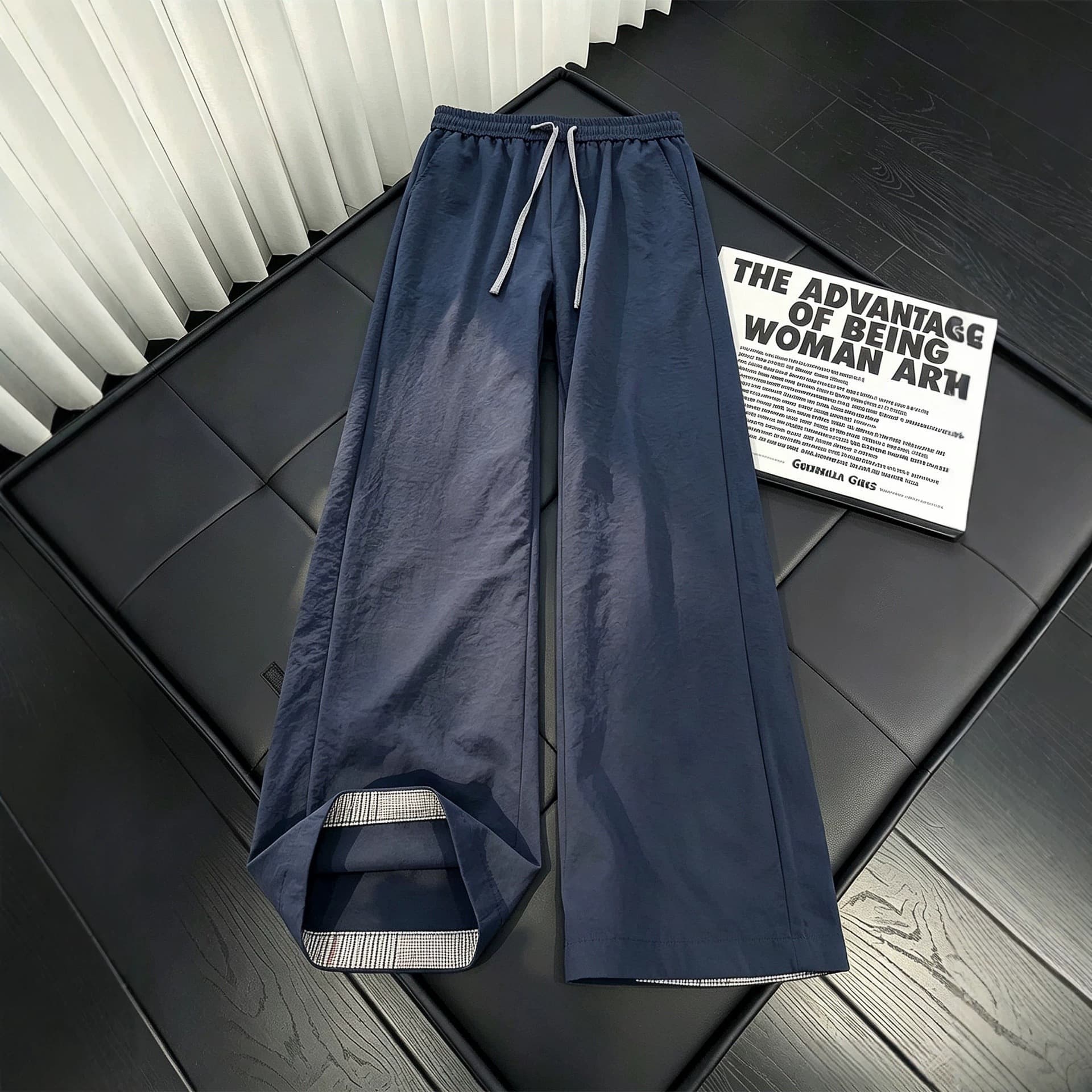 Navy blue houndstooth splicing quick-drying pants men's summer scimitar ice silk pants straight sports casual pants