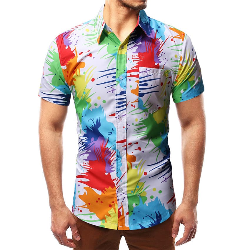 American Street Style Splatter Print Short Sleeve Shirt, Lightweight Breathable Spread Collar Loose Beach Shirt, Factory Direct Supply