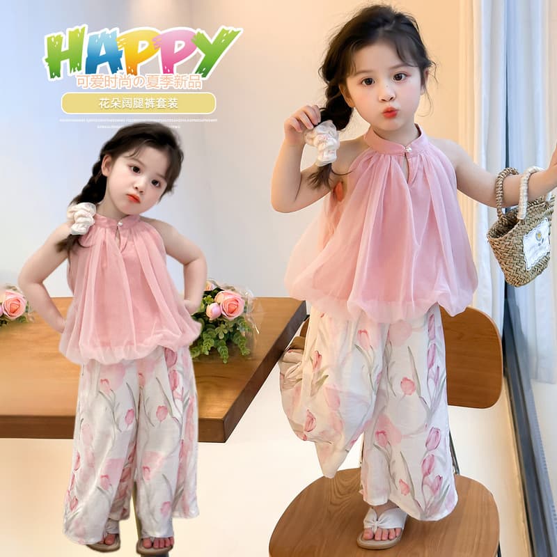 Korean Girl Sleeveless Floral Wide-Leg Pants Set 2026 Summer New Fashionable Two-Piece Set Trending Children's Clothing Wholesale
