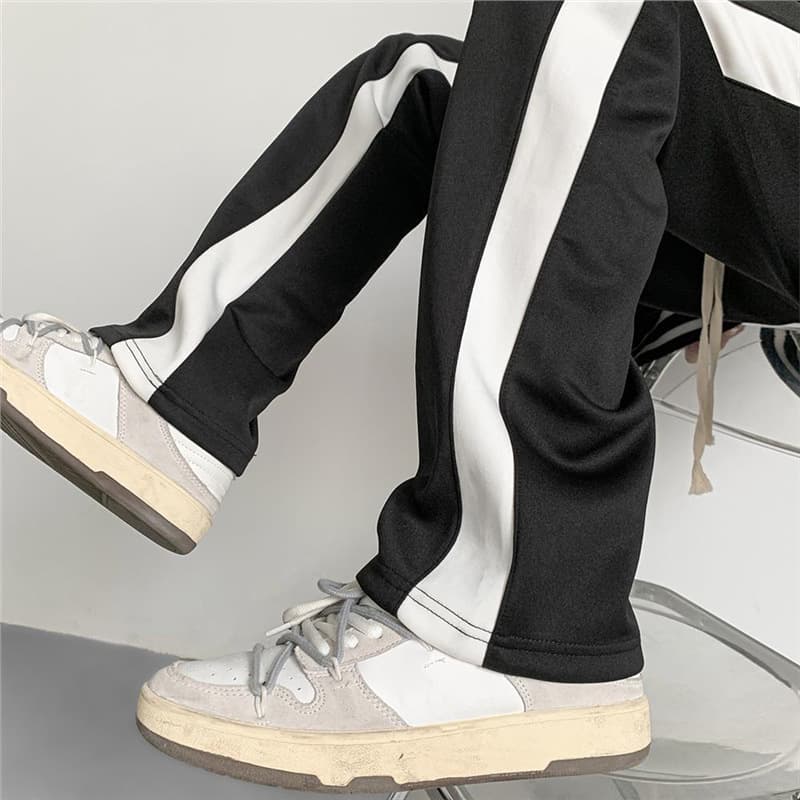 Trendy Casual High-Street Sweatpants Loose Fit Long Pants Unisex Lightweight Striped Patchwork Floor-Length Pants Summer