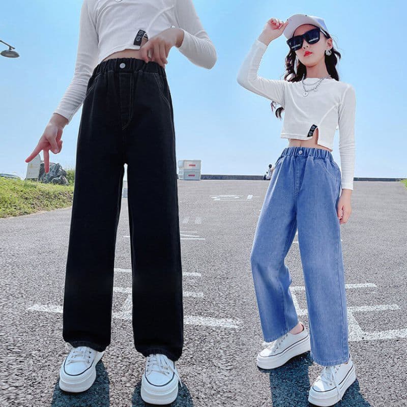 Girls' Jeans 2024 Korean Style Autumn Outfit for Older Girls, Straight Wide-Leg Pants, Winter Fleece-Lined and Thickened Pants for Girls