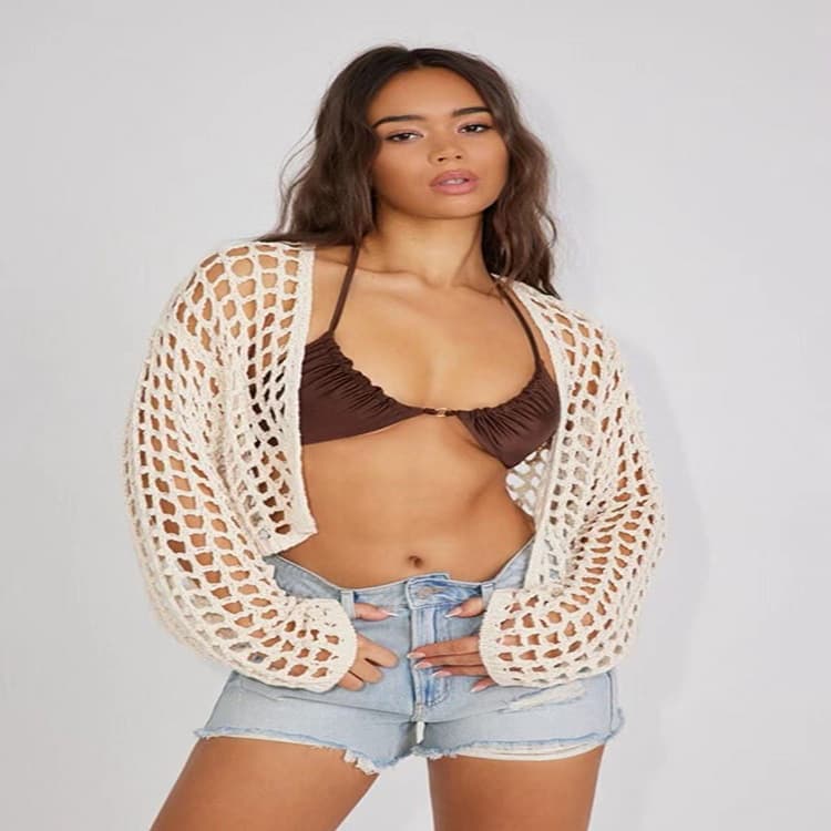 Sexy Spicy Hollow out Knitted Crop Top for Women Fashionable Bohemian Vintage Style Long Sleeve Short Length Hooked Handmade