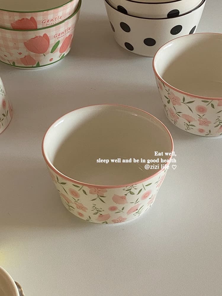 Korean Ins Style Small Floral Ceramic Bowl Household Rice Bowl High-Value Tableware Dessert Salad Bowl Soup Noodle Bowl
