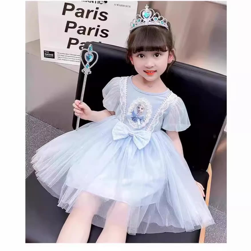 Girls Summer Cotton Short Sleeve Tulle Dress Children's Elsa Princess Birthday Performance Gown New