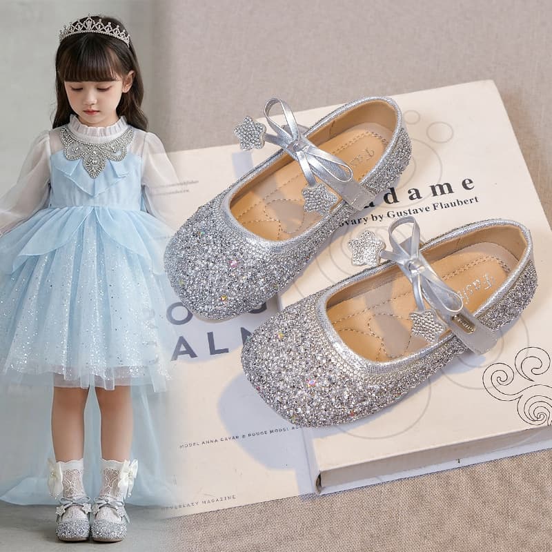 Girls Princess Shoes Spring 2026 New Crystal Shoes Children Shoes with Dress Leather Shoes Girls Flats Soft Sole