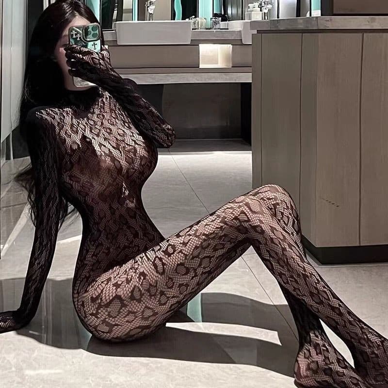 Full Body Leopard Print Mesh Sexy Lingerie Bodysuit with Tight Mesh Stockings and Gloves One-Piece