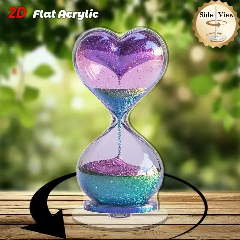 Cross-border graphic printing 2D 360° rotating bottom hourglass clock - heart-shaped purple and turquoise gradient light bulb