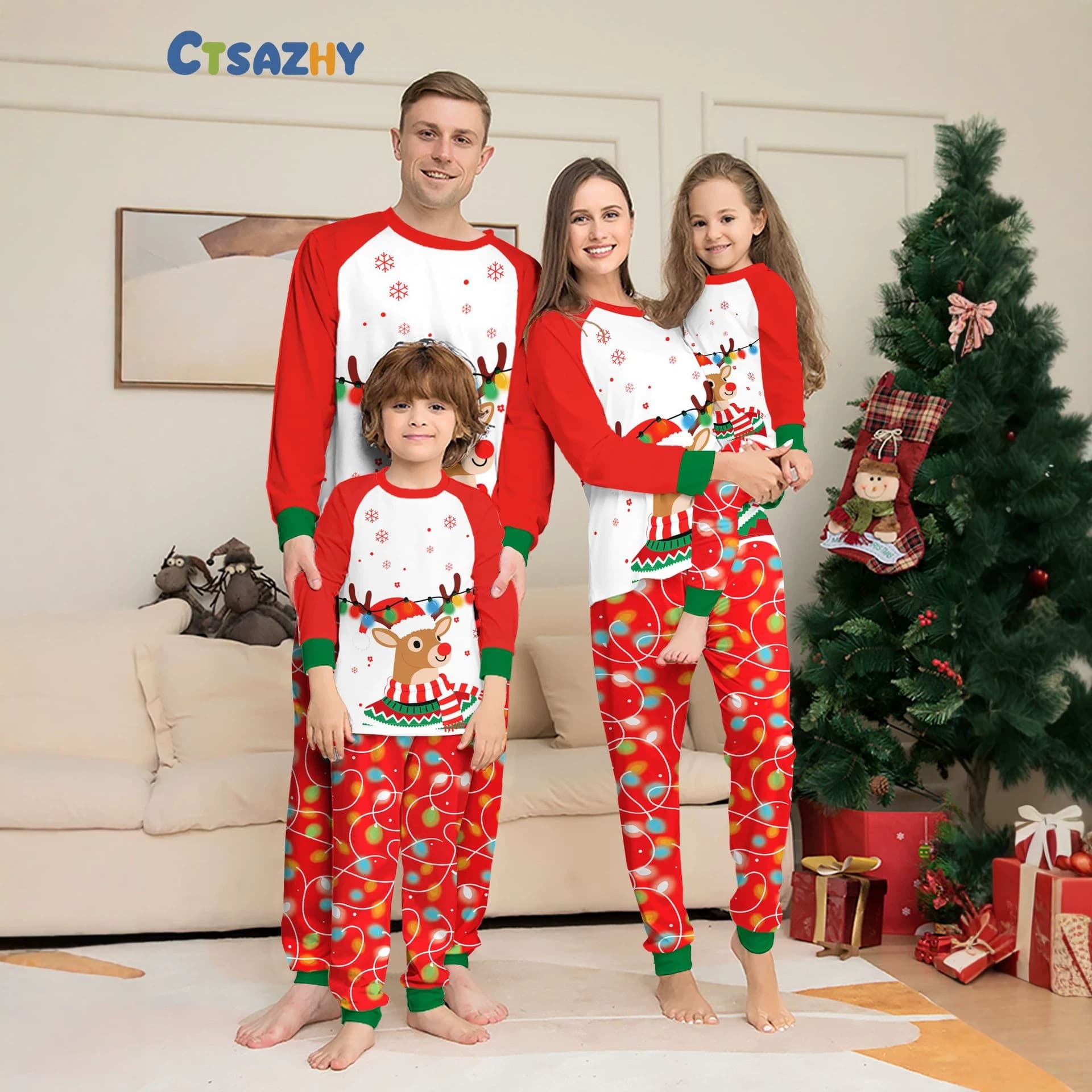 Christmas Family Matching Pajama Set with Deer LED Light Print, Raglan Long Sleeve and Pants, New Style for Amazon TEMU