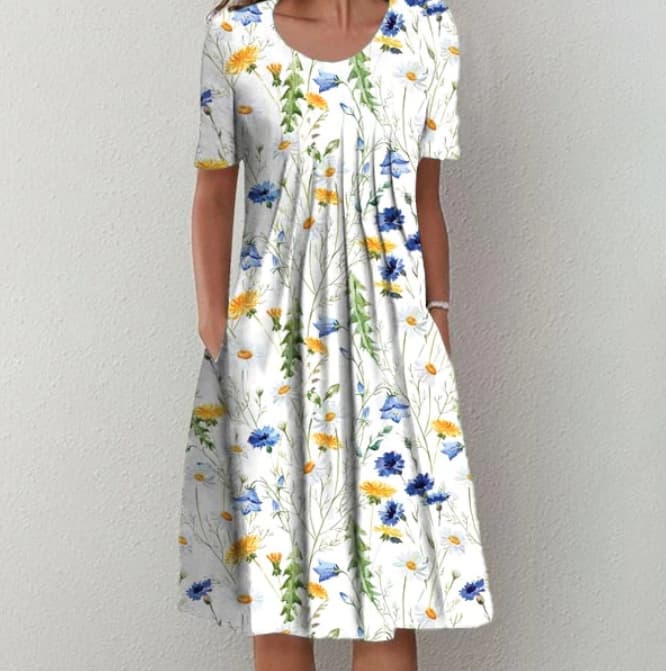 Hot-selling spring/summer pocket elegant printed short-sleeve midi dress on AliExpress and Amazon for European and American markets