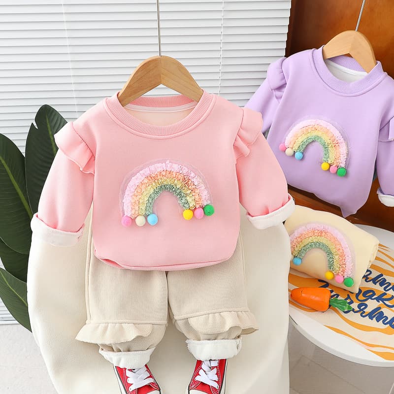 Ins style infant and toddler cute rainbow two-piece set mesh three-dimensional rainbow round neck flying sleeves corduroy leggings