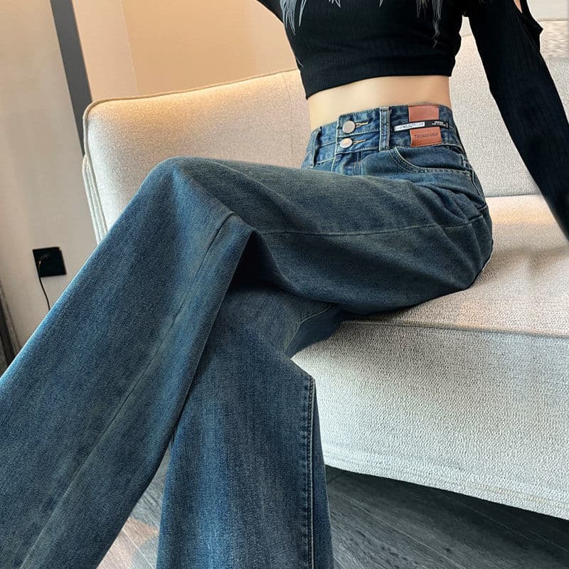 2024 Retro Blue New High-Waist Jeans Two-Button Stylish Meat-Covering Wide-Leg Pants Slimming Women Loose Floor-Length Pants