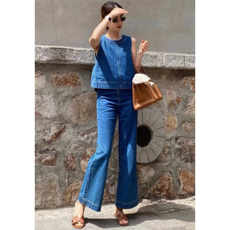 Blue Denim Vest Set Women Summer Salt Style Mature Capable Temperament Women's Bold Streetwear Top Two-Piece Set