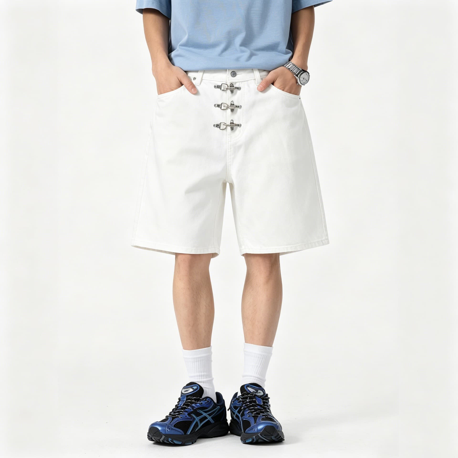 Cleanfit style denim shorts, white denim with metal wind button, loose straight five-point pants, unisex
