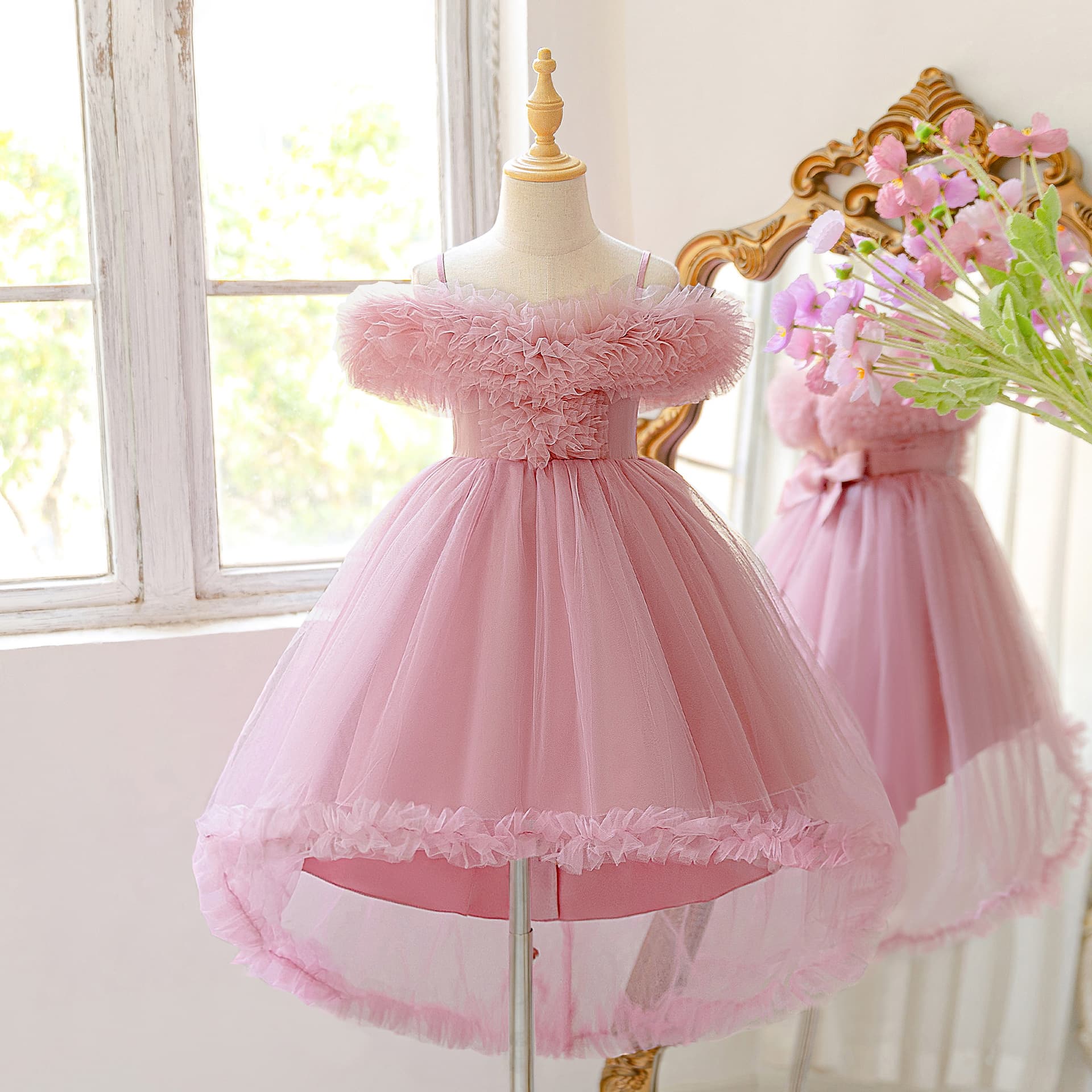 Cross-Border Foreign Trade Children's Formal Dress Flower Girl Princess Dress Birthday Party Performance Dress Tulle Puffy Dress Swallowtail Dress