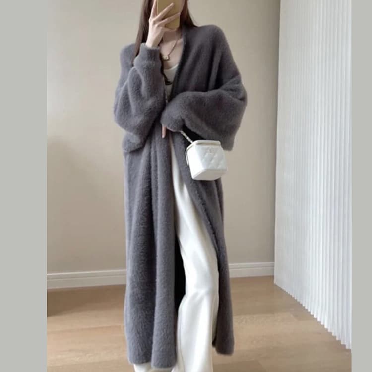 Lazy Style Mid-Length Over-The-Knee Anti-Mink Velvet Sweater Cross-Border Large Size Autumn and Winter New Loose Knitted Cardigan Jacket for Women