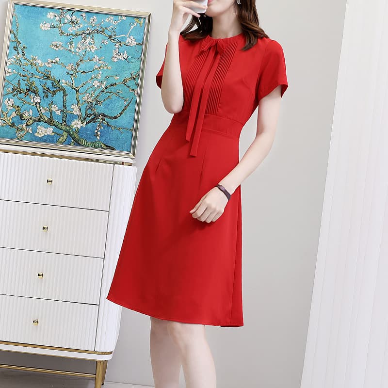 Plus Size Women's Summer Korean Style Slimming Concealing Belly Elegant Chiffon Short Sleeve Red Dress