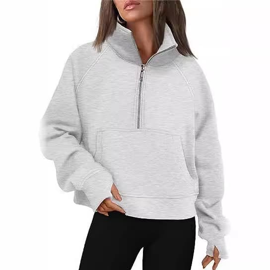 2023 Euro-American Cross-Border Autumn/Winter New Women's Sport Half-Zip Yoga Wear Loose Stand Collar Fleece-Lined Hoodie