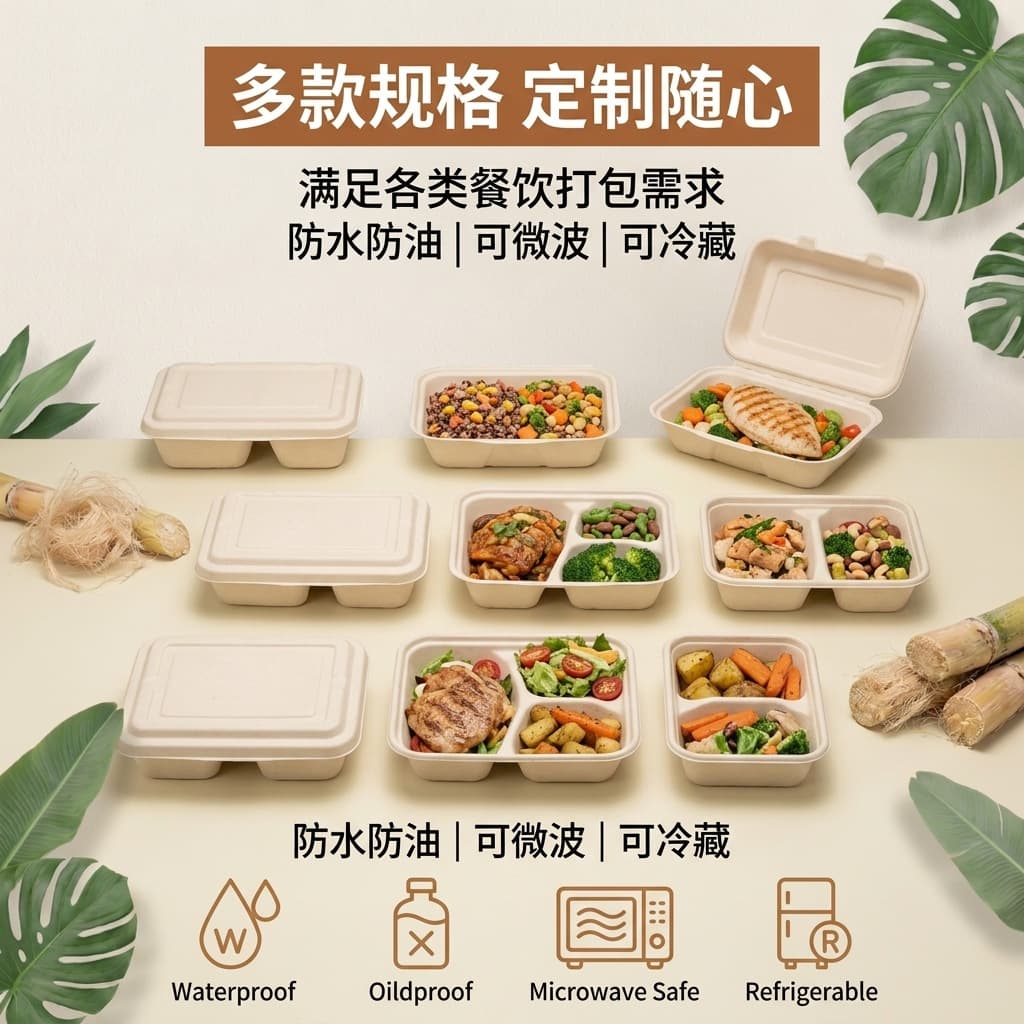 Biodegradable Sugarcane Pulp Meal Box, Disposable Pulp Food Container, Salad Box, Takeout Sushi Box, Low-Fat Light Meal Bento Box