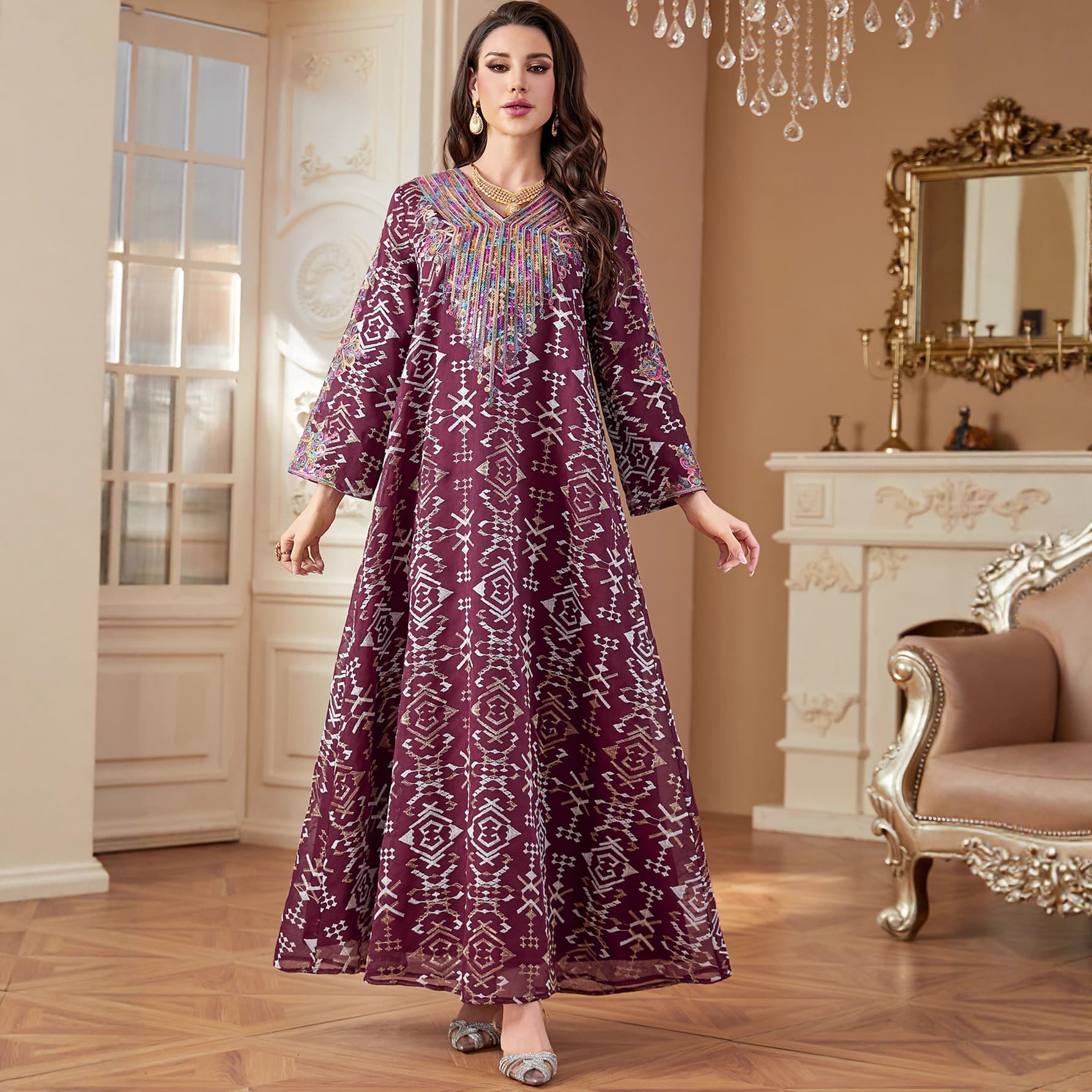 4297 Cross-border Long Robe Embroidered Women's Long Dress Ladies Corded Embroidery Dress