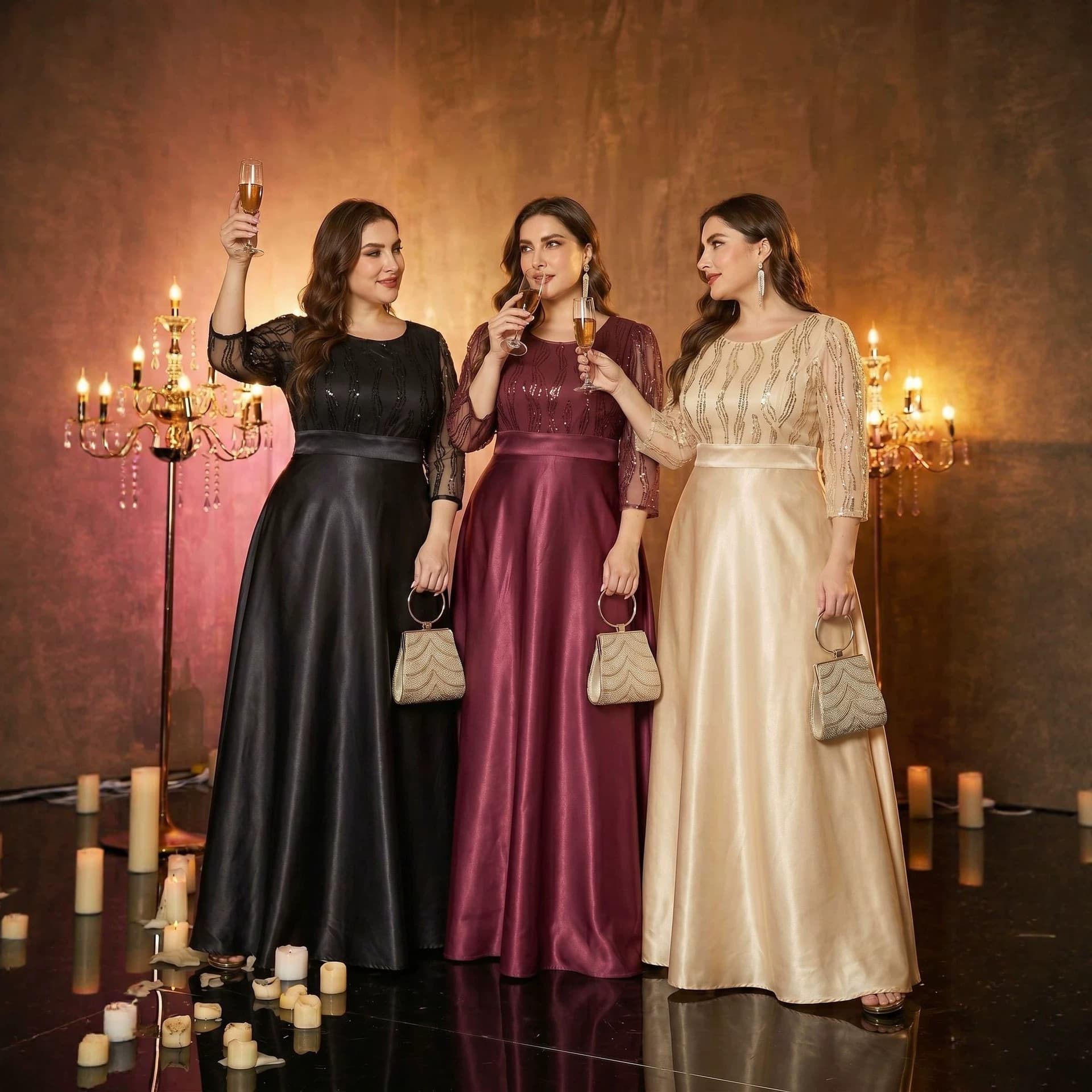 Cross-border evening dress European and American satin splicing long round neck elegant and elegant plus size women's wear fat mm women's bridesmaid dress
