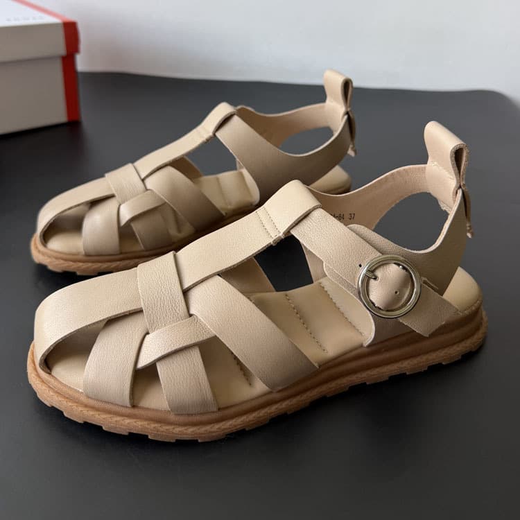 2026 Summer New Toe-Covered Cowhide Roman Sandals Women Anti-Slip Wear-Resistant Flat Beach Vacation Export Women's Shoes