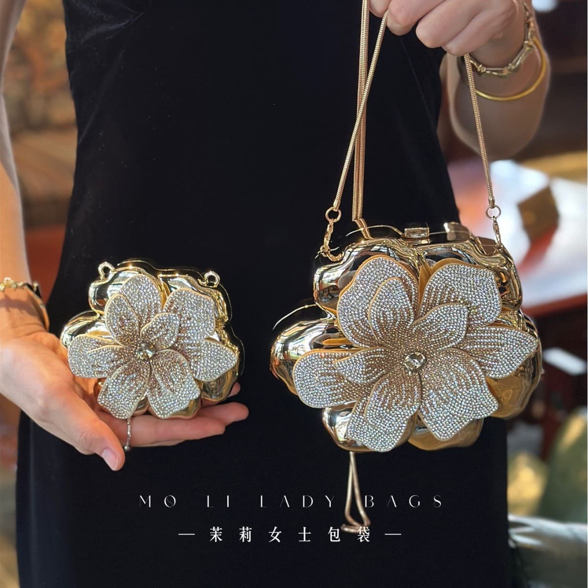 Celebrity French-style Gold Sparkle Rhinestone Heavy Flower Elegant Versatile Banquet Acrylic Clutch Crossbody Bag