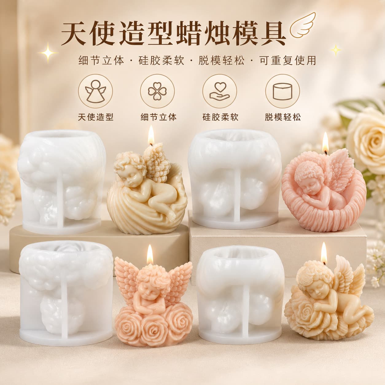 Three Angel Rose Aromatherapy Candle Silicone Mold Shell Angel Fragrance Stone Silicone Grinding Tool Cross-border Factory