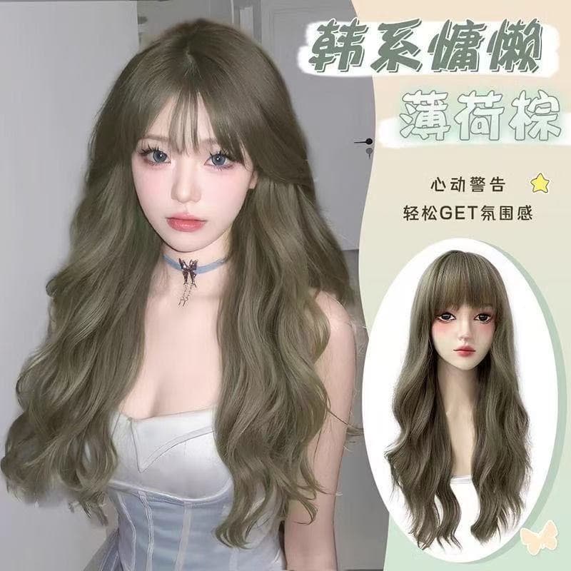 Women's Full Wig Long Curly Hair with Straight Bangs Mint Gray Brown Natural White-Boosting Realistic Whole Wig