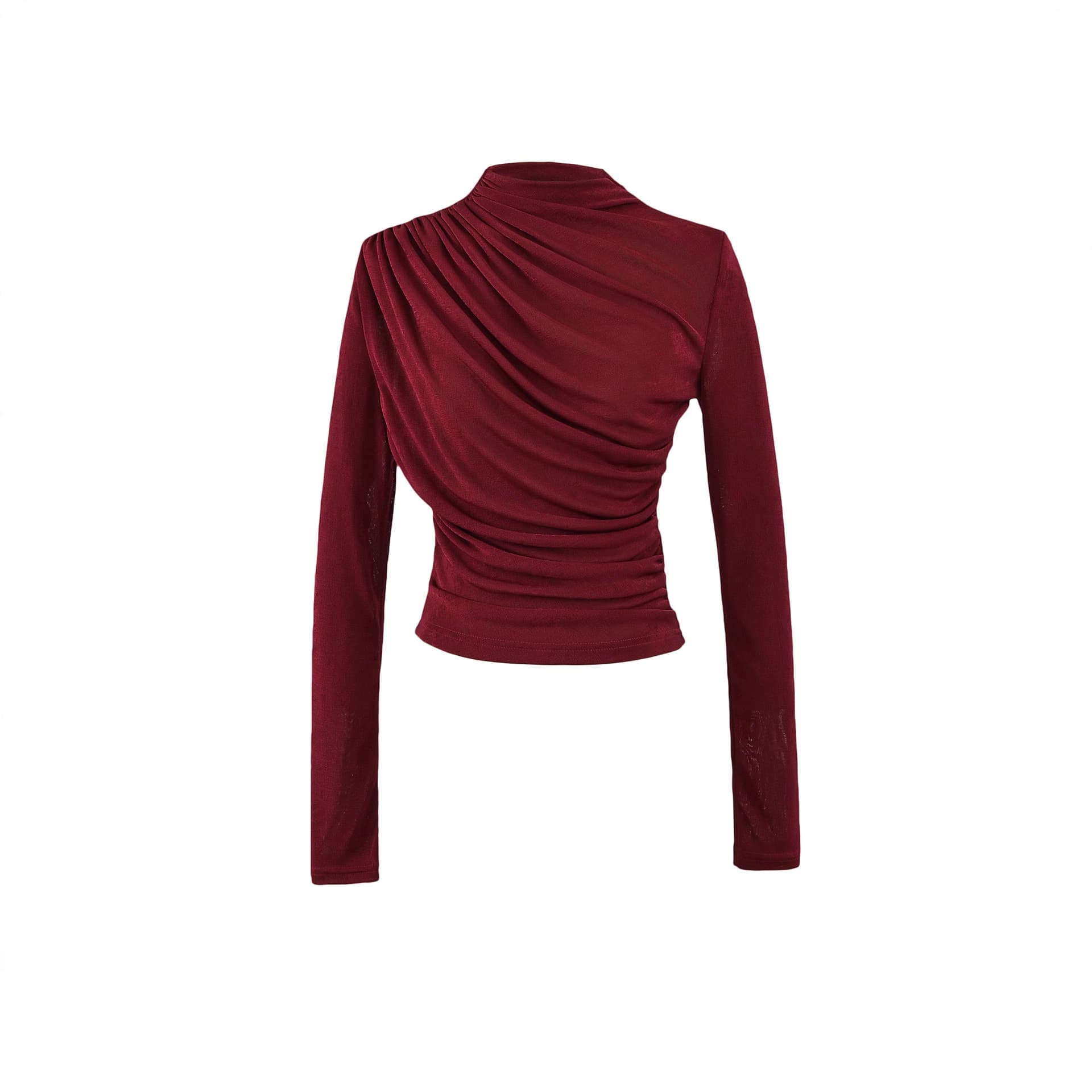 Chic High-Neck Ruffle Long-Sleeve Fitted Top for Women, Autumn Slim Inner Tee, Short Crop Top