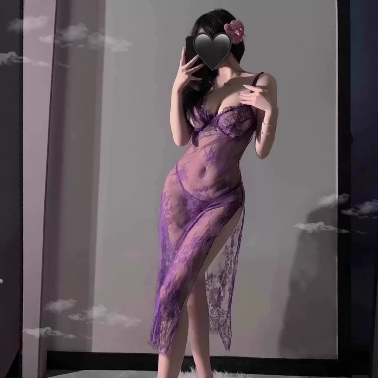 New Sexy Lingerie, Sexy Bed Teasing Robe, Purple Suspender Lace Slit Small Bust Robe, Long Skirt Nightgown