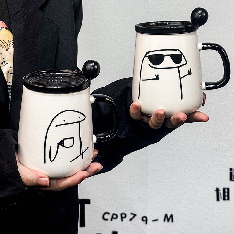 Funny Cartoon Mug with Lid and Spoon, Large Capacity Drinking Cup for Home, Student and Couple Water Cup, Office Coffee Cup