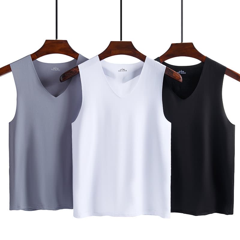 Men's ice silk seamless vest, white summer tight fit wide shoulder round neck sports sleeveless base thin style, one-piece drop shipping.
