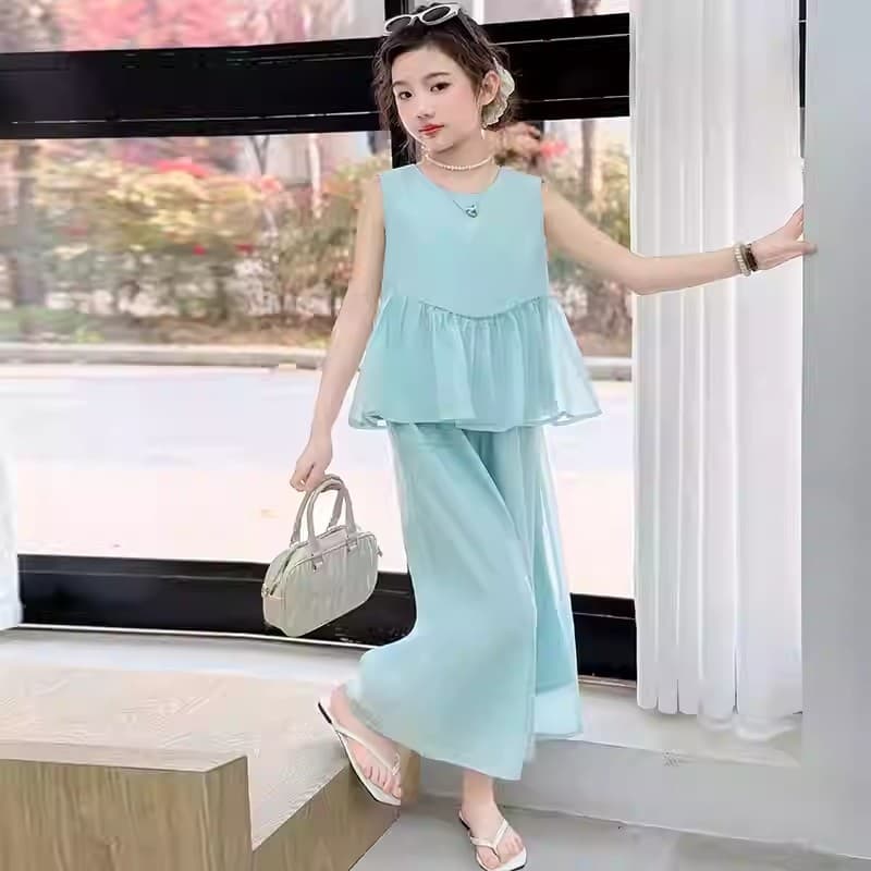 2025 New princess-style sleeveless two-piece summer set for girls with fashionable wide-leg pants