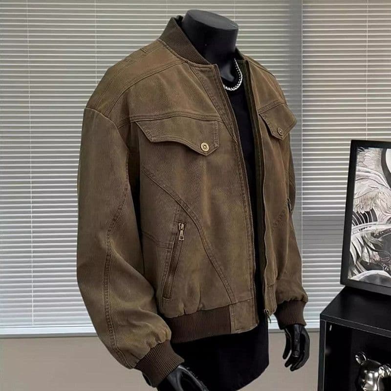 American Retro Coffee Color Men's Jacket Vintage Harrington Style Faux Leather Coat