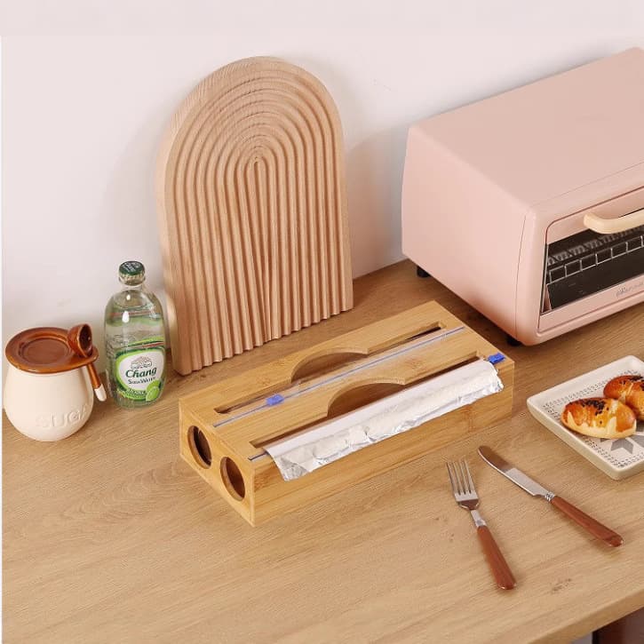 Bamboo Wall-Mounted Foil Paper Storage Box with Divider Drawer Organizer for Fresh-Keeping and Cutting