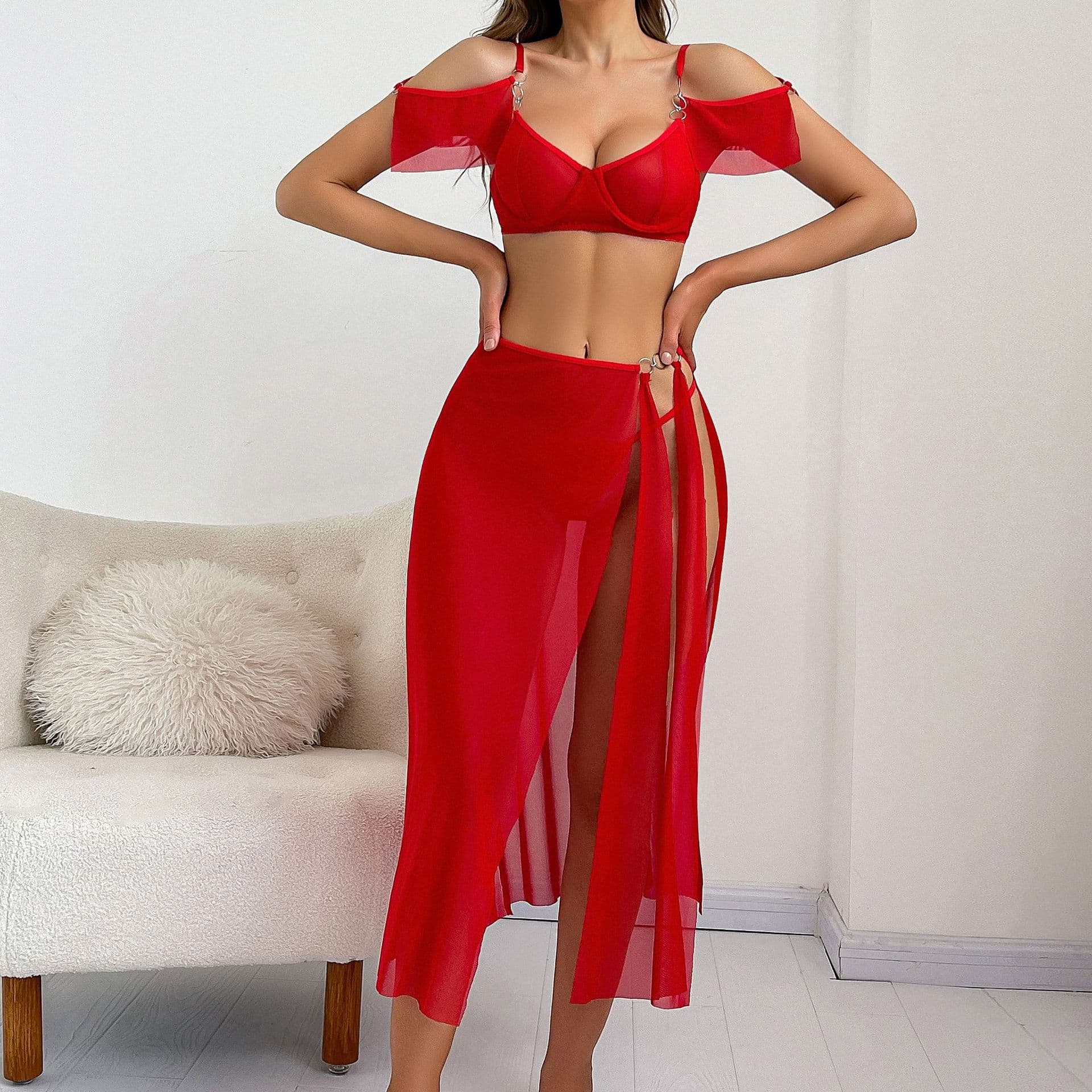 Cross-border Trade New Sexy Lingerie for Women Mesh Off-Shoulder High Slit Long Dress Lingerie Set Wholesale