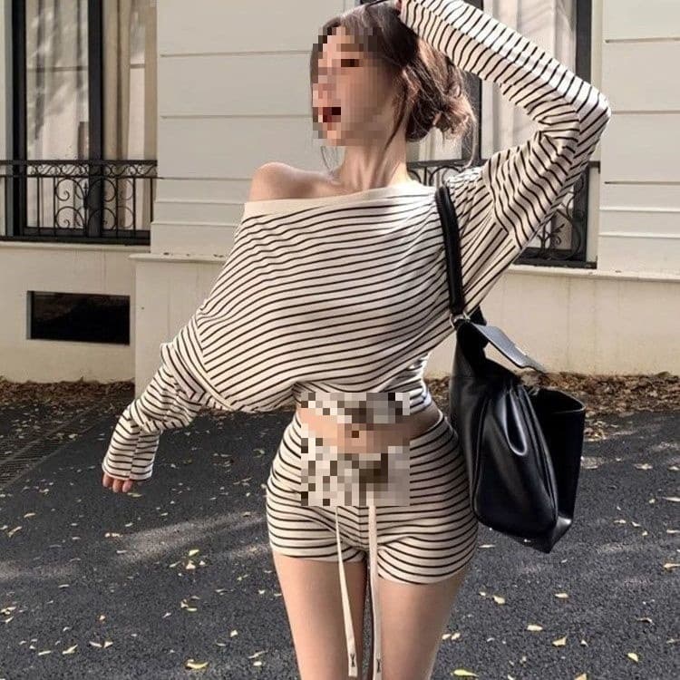 Girls' Pure Desire Striped Off-Shoulder Long-Sleeved Home Clothes Suit Shorts Korean Style Sexy Pajamas for Women That Can Be Worn Outside in Summer