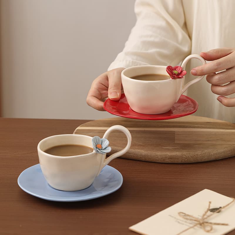 Handcrafted Ceramic Tea Cup for Women, Home Office Coffee Cup, Simple Ins Style Milk Cup with Saucer and Spoon